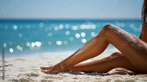 Woman's bare legs, coated in sunscreen, soak up sun on a summer beach vacation.