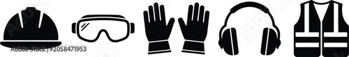 Photos Set of personal protective equipment icons, including hard hat, safety goggles,
