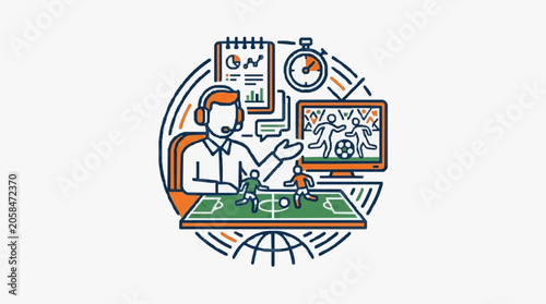 Slika na platnu Sports Analyst Explaining Strategy Using Miniatures and Computer.
