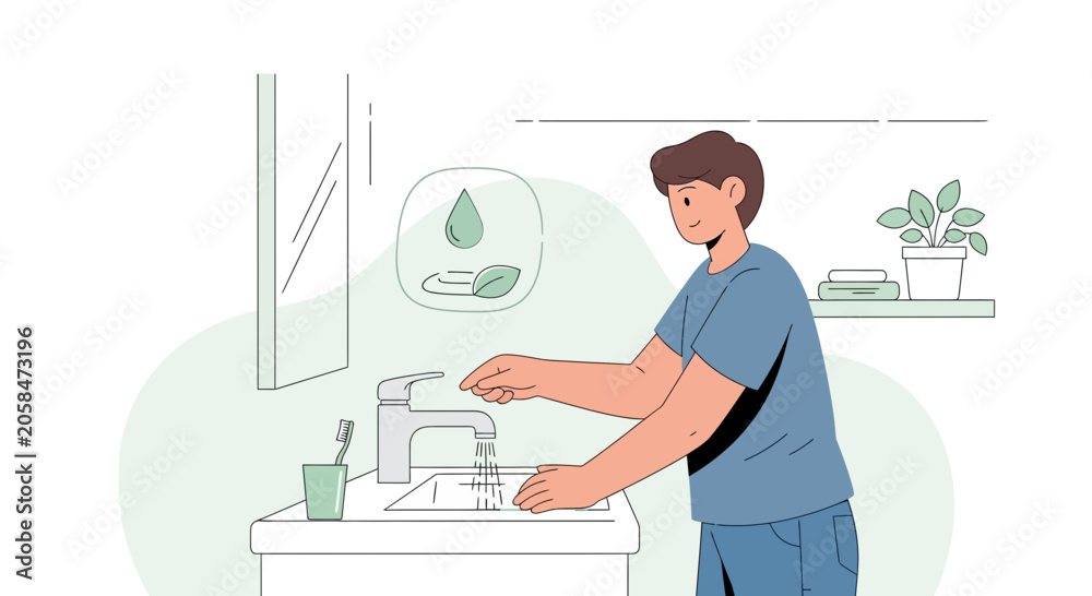 Obraz premium Man washing hands, conserving water, eco-friendly hygiene, sustainable living concept