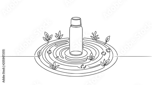 Φωτογραφία Continuous line drawing of a bottle surrounded by swirling water ripples and leaves, representing nature and organic products