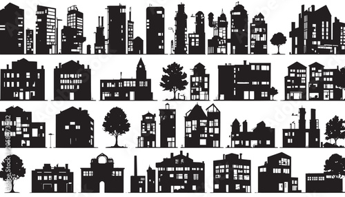Skyscrapers and residential buildings are displayed in a comprehensive collection of black silhouettes that represent various architectural styles for urban planning and graphic design projects.
