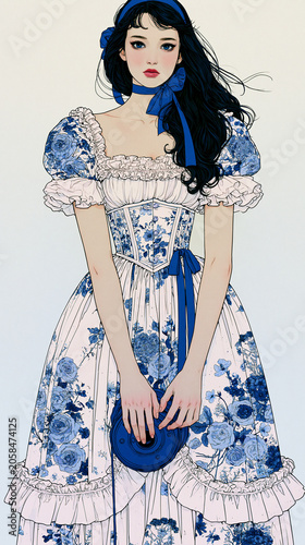 Japanese woman in blue floral dress illustration, copy space