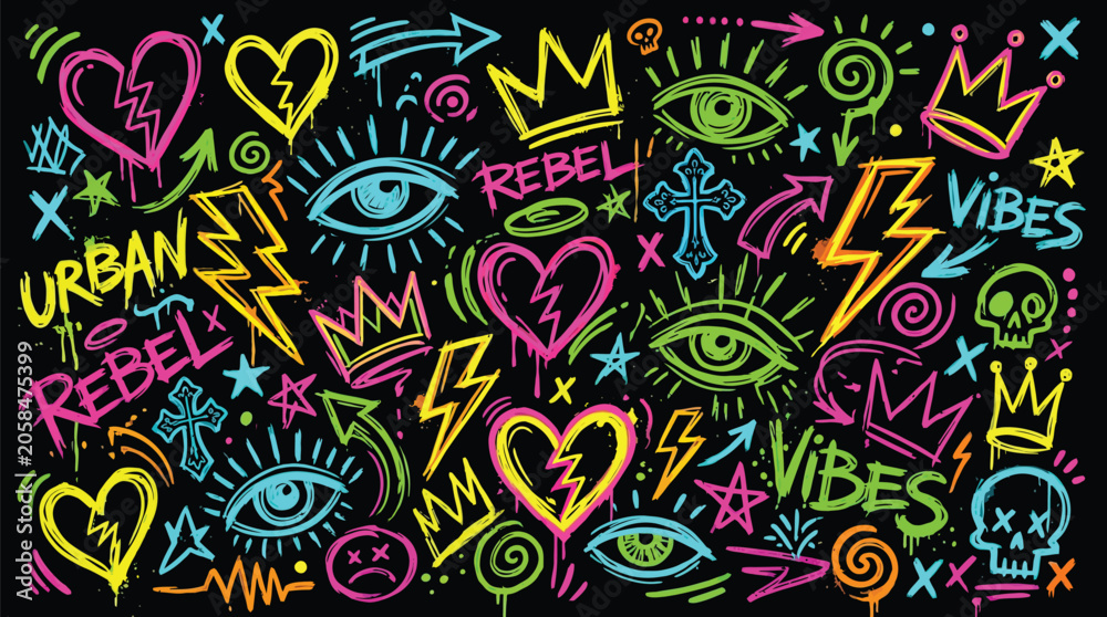 Fototapeta premium Neon graffiti wall art with hearts crowns eyes and rebel text
