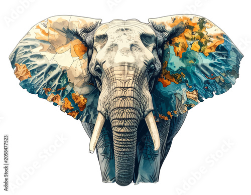Majestic pachyderm adorned with a world map motif on its ears