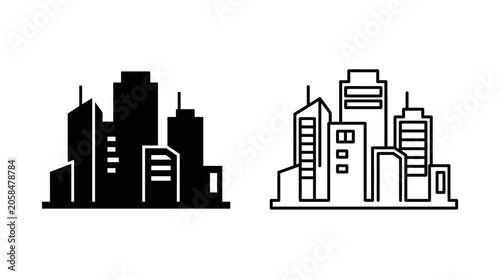 Building silhouettes black and white line art on a white background