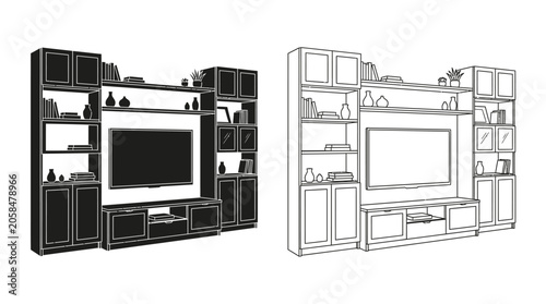 Canvas Print Entertainment Center Silhouette Against White Background Linear Illustration
