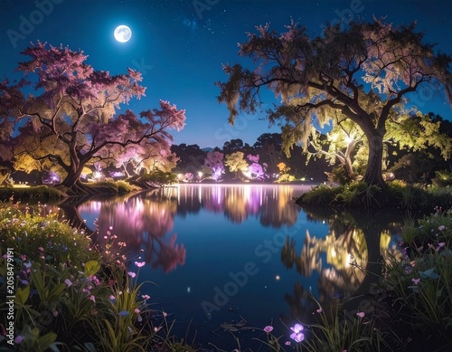 a beautiful magical mysthical peaceful lake at night with the moon shining and purple light reflecting on the trees