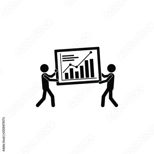 Black silhouette illustration of two people carrying and presenting a large chart displaying upward-trending bar and line graphs, representing business growth and data analysis.