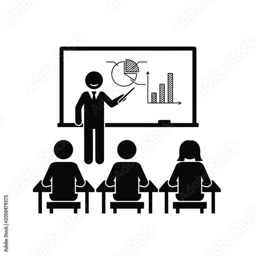 Black silhouette illustration of a presenter standing in front of a presentation board with charts while three attendees sit and listen in a classroom or meeting setting.