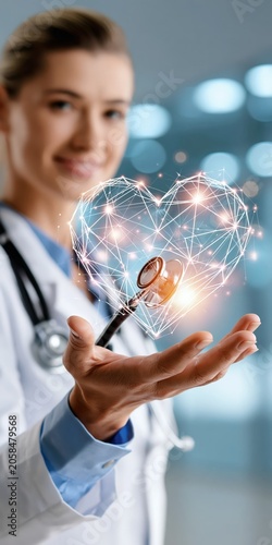 Doctor holding glowing digital heart polygon network and stethoscope, representing healthcare innovation and cardiology