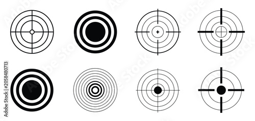 Target point icons set, goal marker and focus symbols for success planning achievement and vector illustration design.