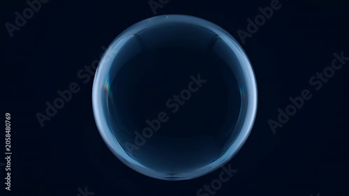 Abstract blue glass sphere on dark blue background, glossy transparent orb with soft glow and reflective surface for modern design