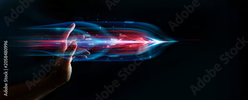 Billede på lærred Abstract data network with glowing colorful light rays and forward digital arrows symbolizing technology develop growth and fiber optic connected high speed wireless data transfer and fast internet