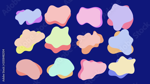 Collection of modern pastel fluid blob shapes, overlapping organic liquid backgrounds and abstract graphic elements for text boxes.