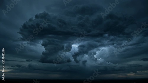 Dark storm cloud with lightning over dramatic sky, thundercloud weather front and dark horizon