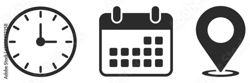 Time date and location icon set, clock calendar and map pin symbols for scheduling deadlines meetings business planning and vector illustration design.