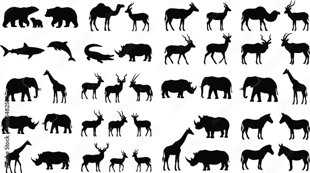 Obraz premium Wild animal silhouettes featuring elephants, giraffes, camels, lions, bears, dolphins, sharks, and birds in vector illustration