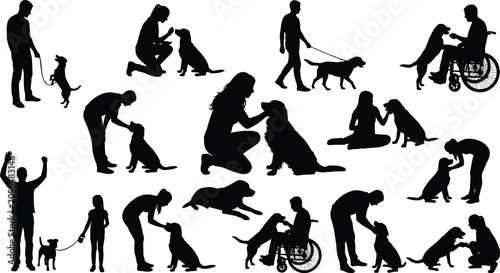 Tableau sur toile People with dogs silhouettes set including training walking therapy pet owners a