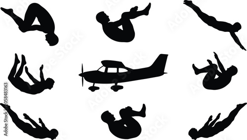 Foto Skydiving silhouettes set with skydivers jumping in free fall positions and a li