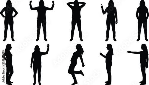 Fotografie Woman silhouettes set showing various body language poses gestures emotions and