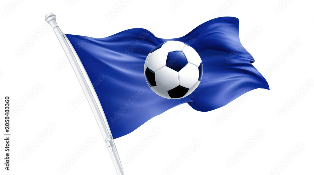 Naklejka premium Soccer ball on waving blue flag isolated sports symbol concept victory tournament championship team banner athletic competition design on white background
