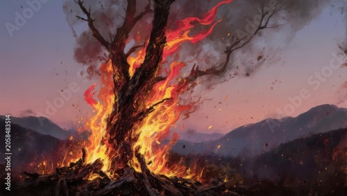 Burning Tree at Sunset - A Symbol of Destruction and Renewal.