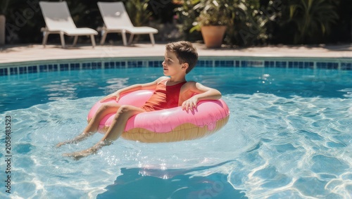 Boy enjoys summer in a swimming pool with inflatable ring.