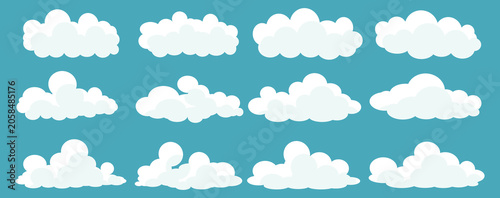 set of vector illustrations of clumpy clouds, cloud bubbles in flat style on a blue background	
