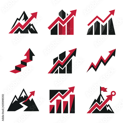 Set of black and red icons showing growth charts and mountains