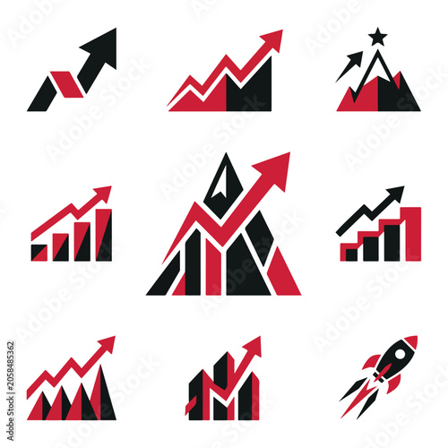 Financial growth icons featuring rockets and peaks in red and black