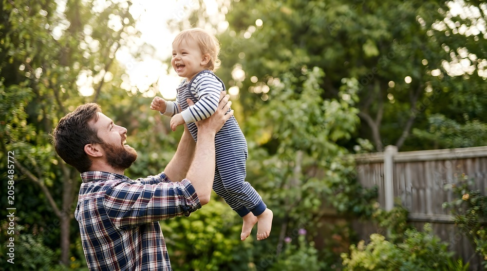Fototapeta premium Father tossing child into the air in backyard