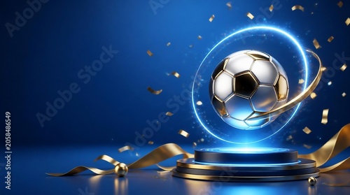 Football Futuristic Celebration Concept with Glowing Trophy Podium