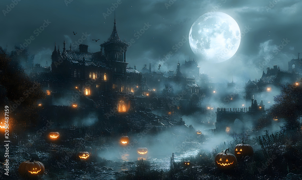 Fototapeta premium Spooky Halloween Night in Haunted Village Under a Full Moon