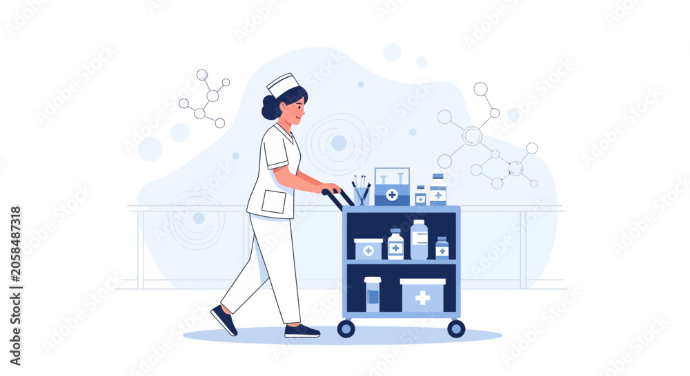 Naklejka premium Nurse Pushing Medical Cart with Medications and Supplies in Modern Hospital Setting