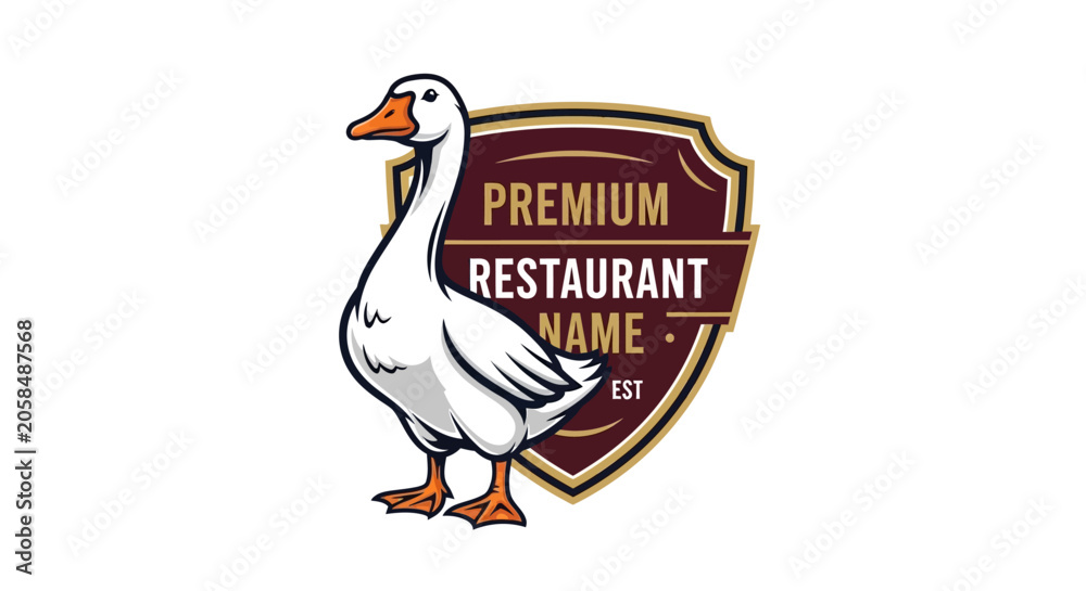 Obraz premium Elegant White Goose Standing Proudly Beside a Premium Restaurant Emblem.