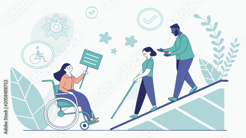 Принти на полотні Disabled people accessing public facilities via ramp with help from a support wo