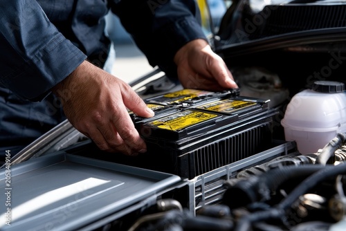 Mechanic installing a new car battery in an engine bay