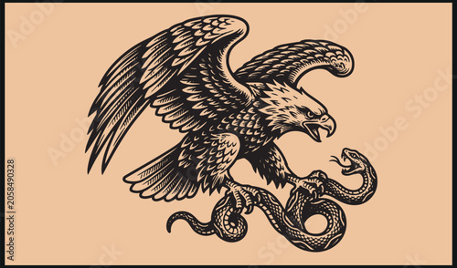 Foto Bold eagle grasping snake with wide wings and open beak in dramatic vintage blac