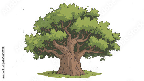 Beautiful hand-drawn illustration of a large ancient oak tree with lush green foliage and detailed gnarled bark isolated on a clean white background for nature design projects and forest concept art