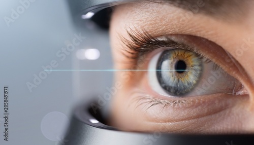 Fotografi Close up view of a person undergoing an eye examination in a clinic with a devic