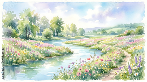 Watercolor Landscape with Winding River and Summer Wildflowers