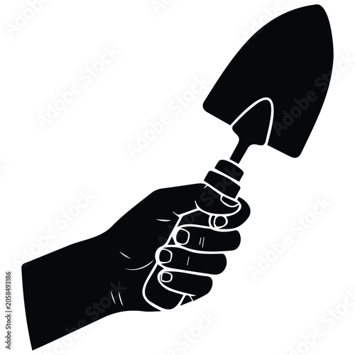 Quadro em tela Hand holding garden trowel vector silhouette illustration with line art drawing isolated on white