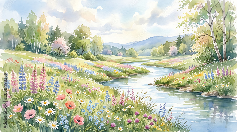 Obraz premium Watercolor Landscape with Wildflower Meadow and Winding Stream
