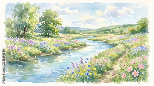 Watercolor Landscape of a Winding Stream and Wildflower Meadow