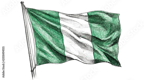 Foto A waving Nigerian flag hangs from a pole on a windy day outdoors.