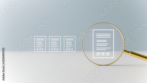 A gold magnifying glass examining a digital document with checkbox icons, placed on a clean white surface against a soft light gray background