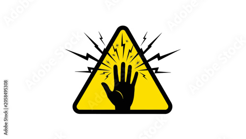 Foto Yellow triangular warning sign with a hand touching radiating electric current, symbolizing electrical shock hazard on an isolated white background