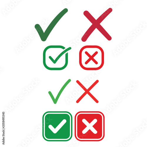 Green checkmark and red cross mark vector icon set.
