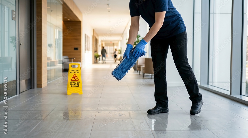 Obraz premium Professional floor cleaning in hallway, worker diligently mops water puddle leak near caution sign. Efficient floor cleaning maintains safe, pristine environment.